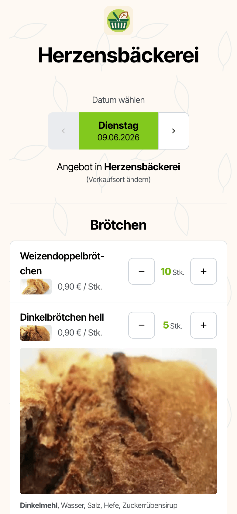 Hofladen-App: Bestellansicht der Herzensbäckerei mit Datumswahl und Produktliste