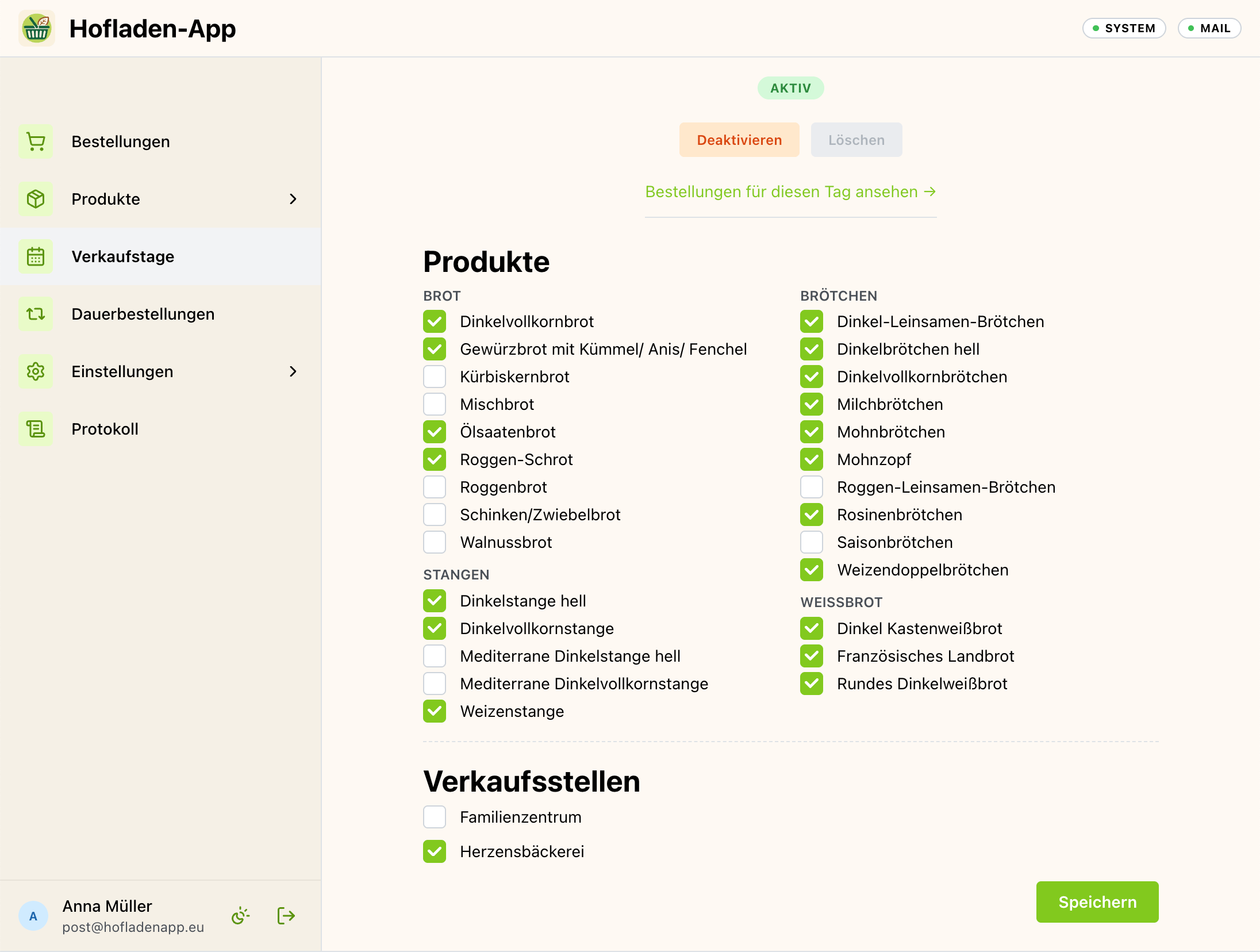 Hofladen-App Admin-Backend: Verkaufstag mit Produktauswahl und Verkaufsstellen